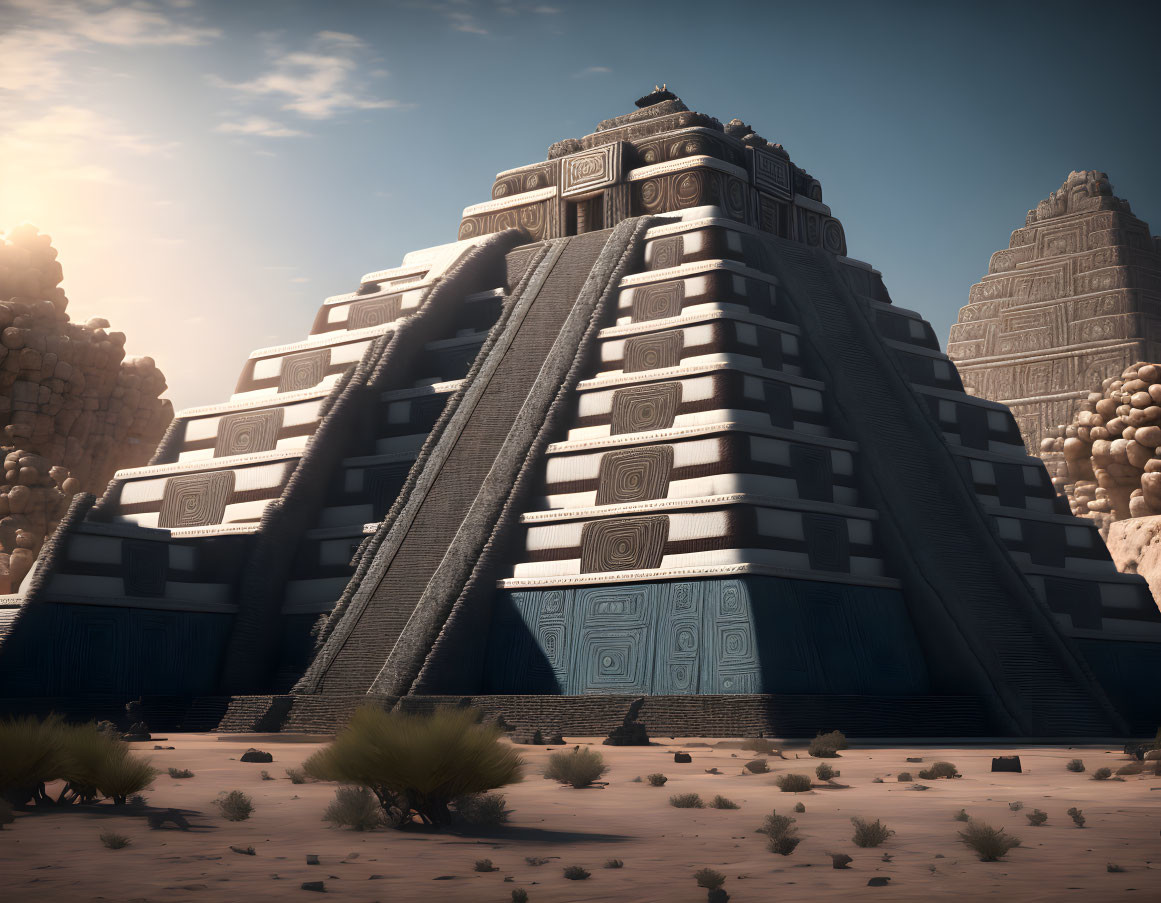 Digital art: Ancient Mesoamerican pyramid in desert landscape