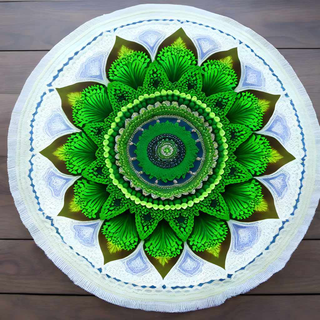 Colorful Mandala Design on Wooden Surface: Green and Blue with Intricate Patterns