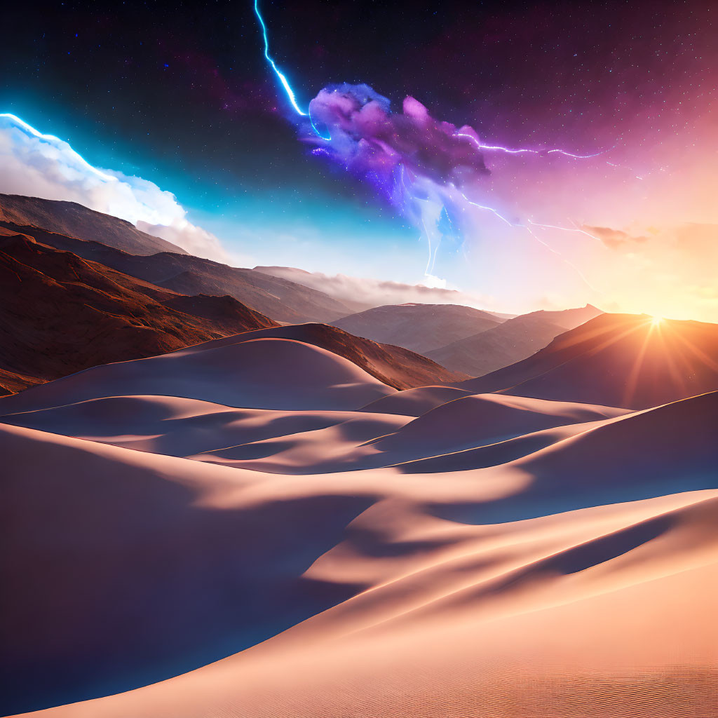 Vibrant desert sunset with sand dunes, purple clouds, and lightning.