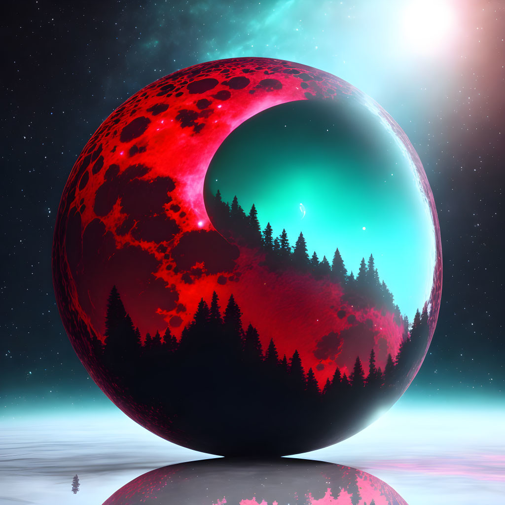 Surreal red-and-black sphere with forest segment on starry sky background