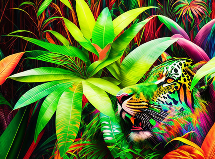 Colorful Jaguar Camouflaged in Tropical Foliage Displaying Green, Red, and Yellow H