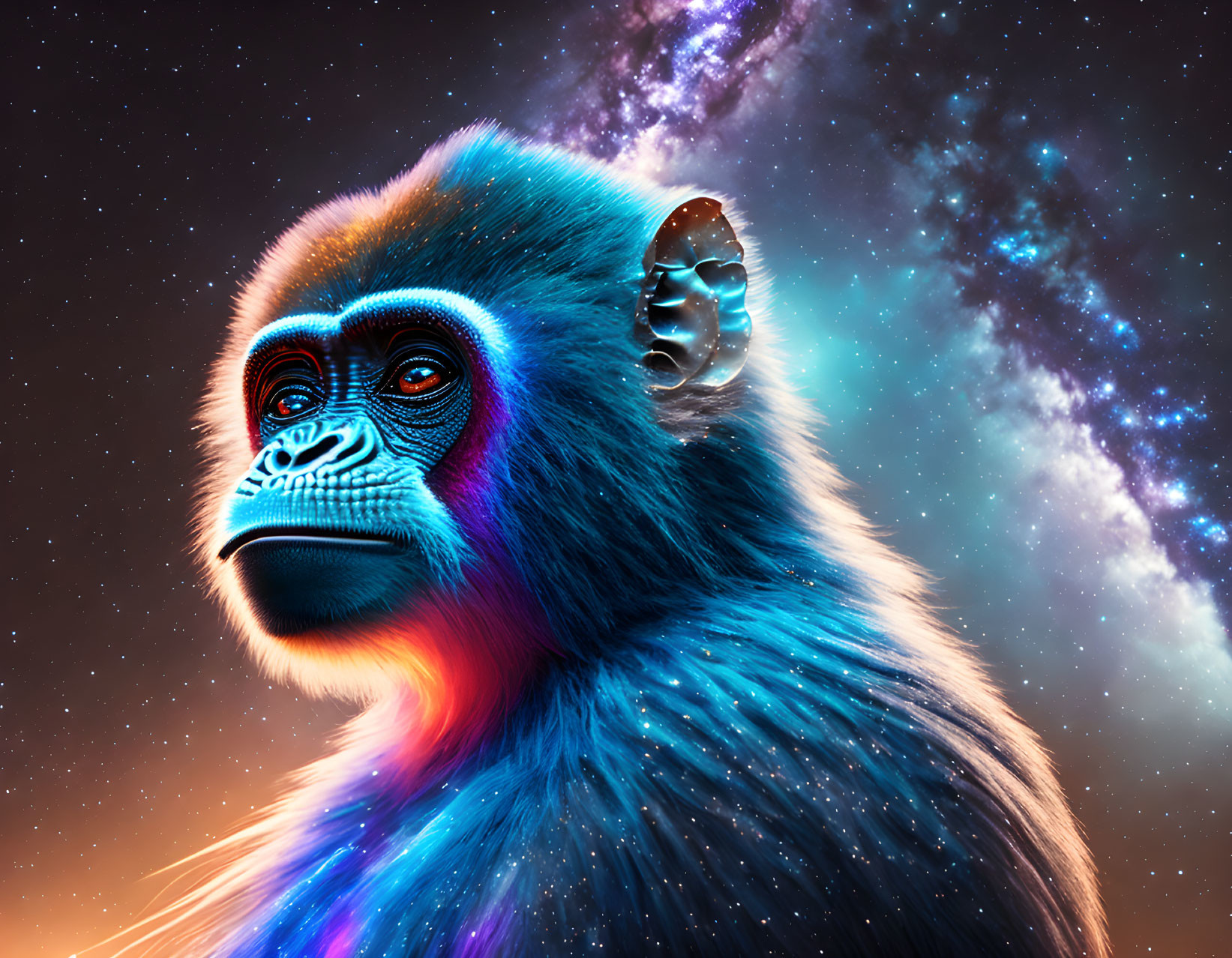 Vibrant blue gorilla artwork in cosmic setting