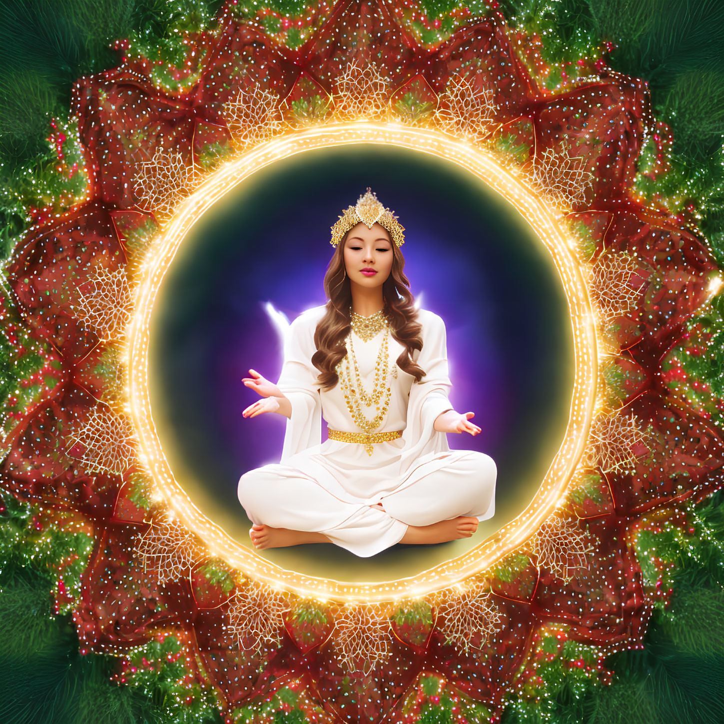 Woman Meditating in Lotus Position Within Glowing Mandala