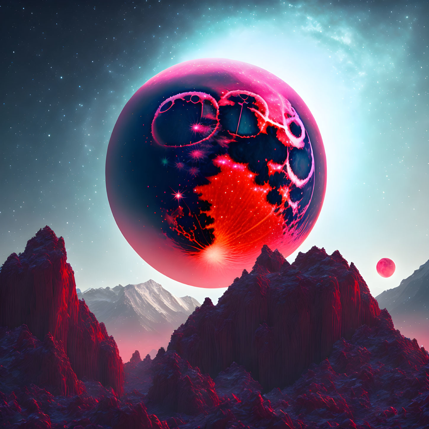 Large red planet in vibrant sci-fi landscape with rocky terrain and starry sky.