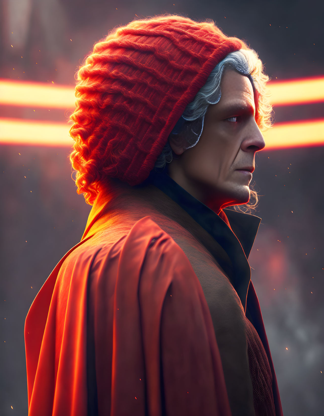 White-haired man in red beanie and cloak with ethereal red glow