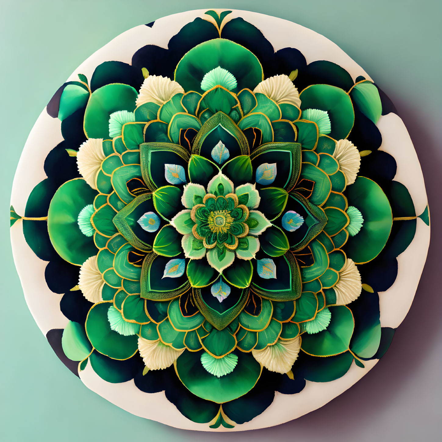 Intricate 3D-rendered green and gold mandala on pale background