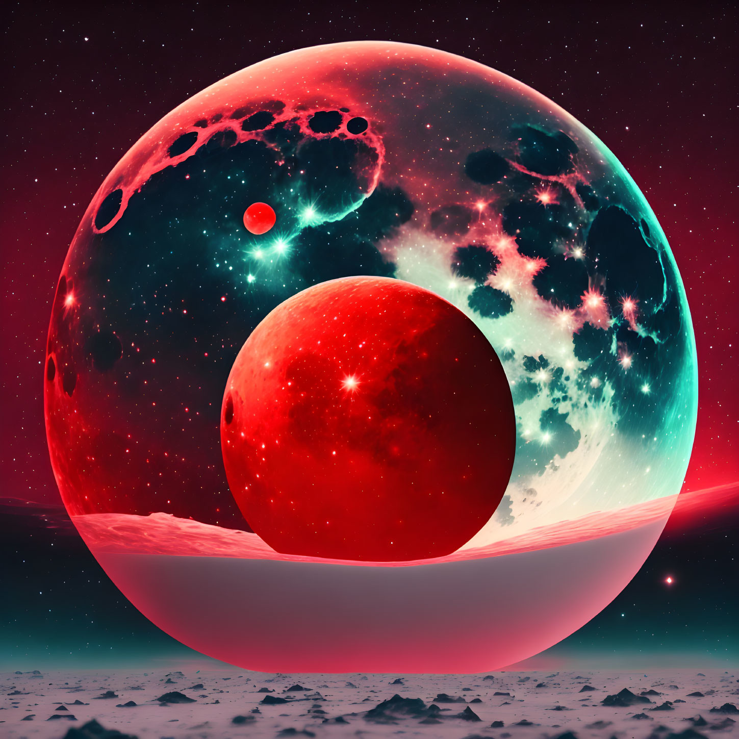 Surreal cosmic scene: detailed moon and glowing red sphere