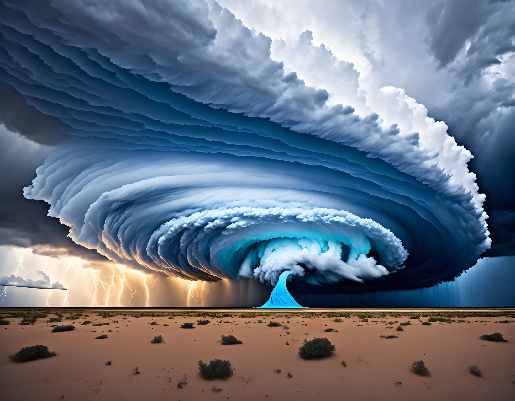 Massive swirling cloud formation above desert landscape with lightning.