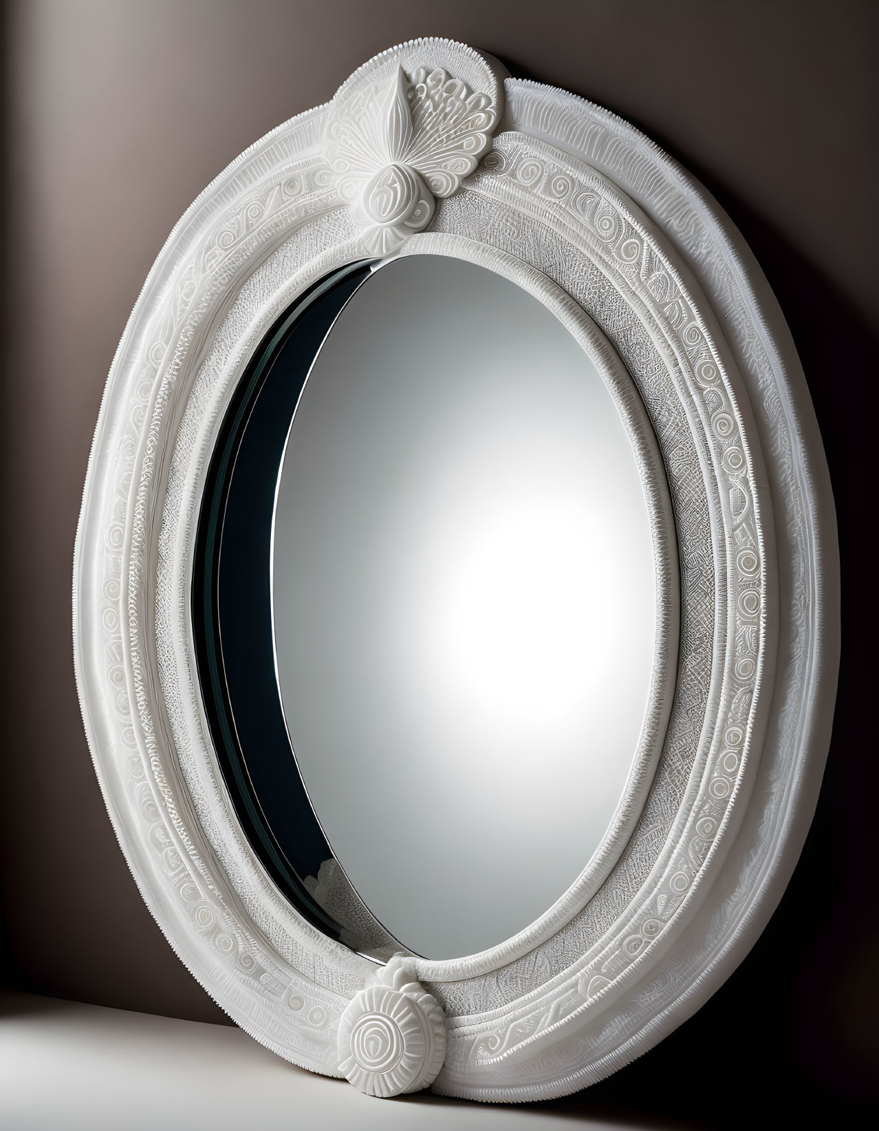 White Oval Mirror with Intricate Designs on Bright Surface