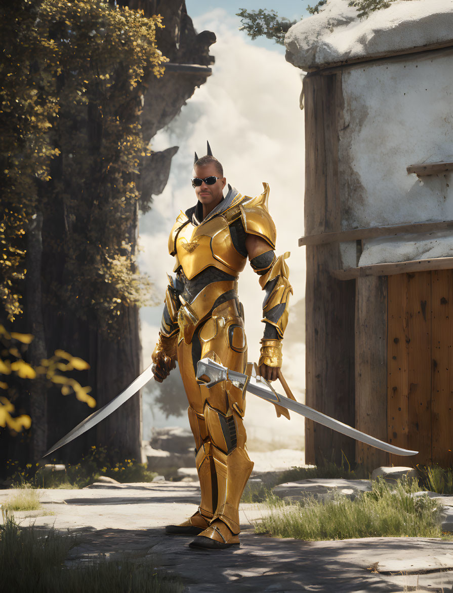 Golden-armored warrior with two swords in sunlit forest and rustic building