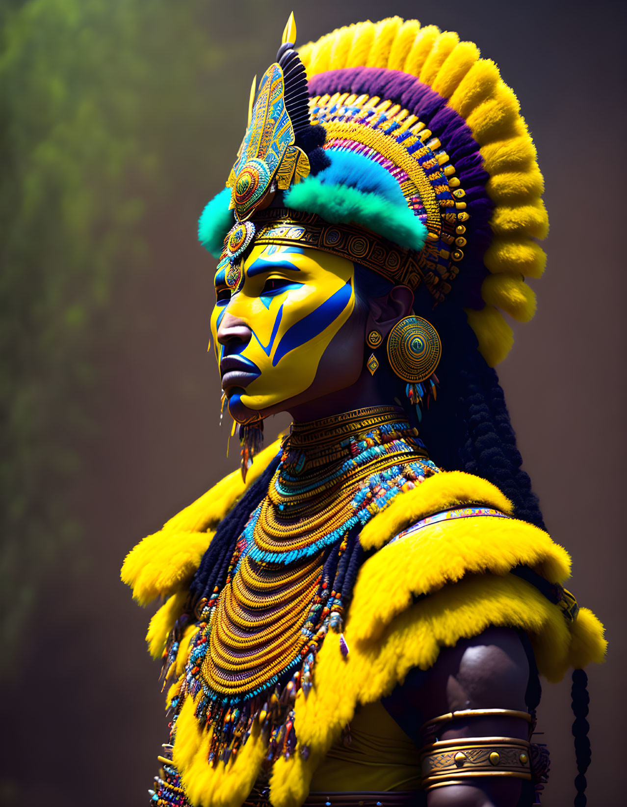 Elaborate tribal headdress and face paint in vibrant colors