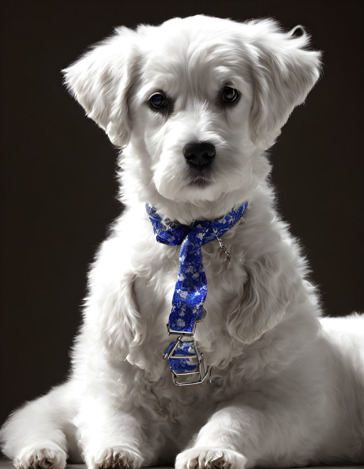 Fluffy white dog with blue necktie on dark background