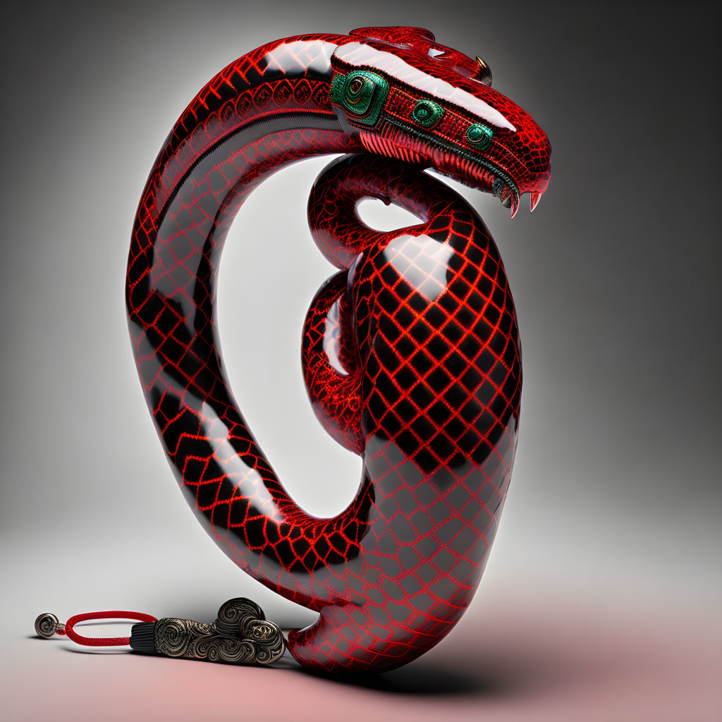 Red Coiled Snake Artwork with Green Eyes and Antique Key