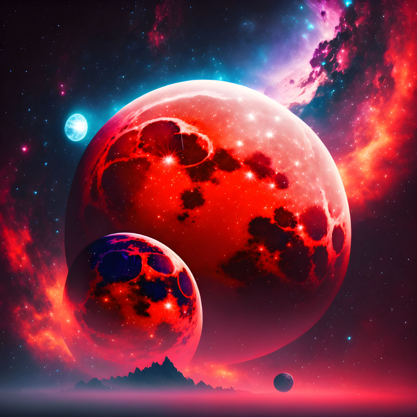 Colorful cosmic scene: red planet, moons, stars, nebulae on rocky surface