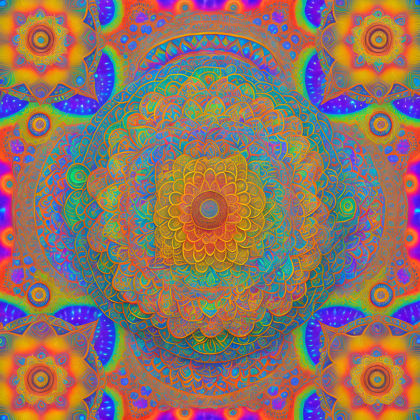 Colorful Psychedelic Mandala Patterns with Symmetrical Designs