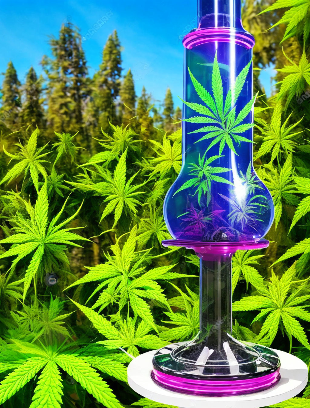 Colorful cannabis leaf bong with green plants and blue sky