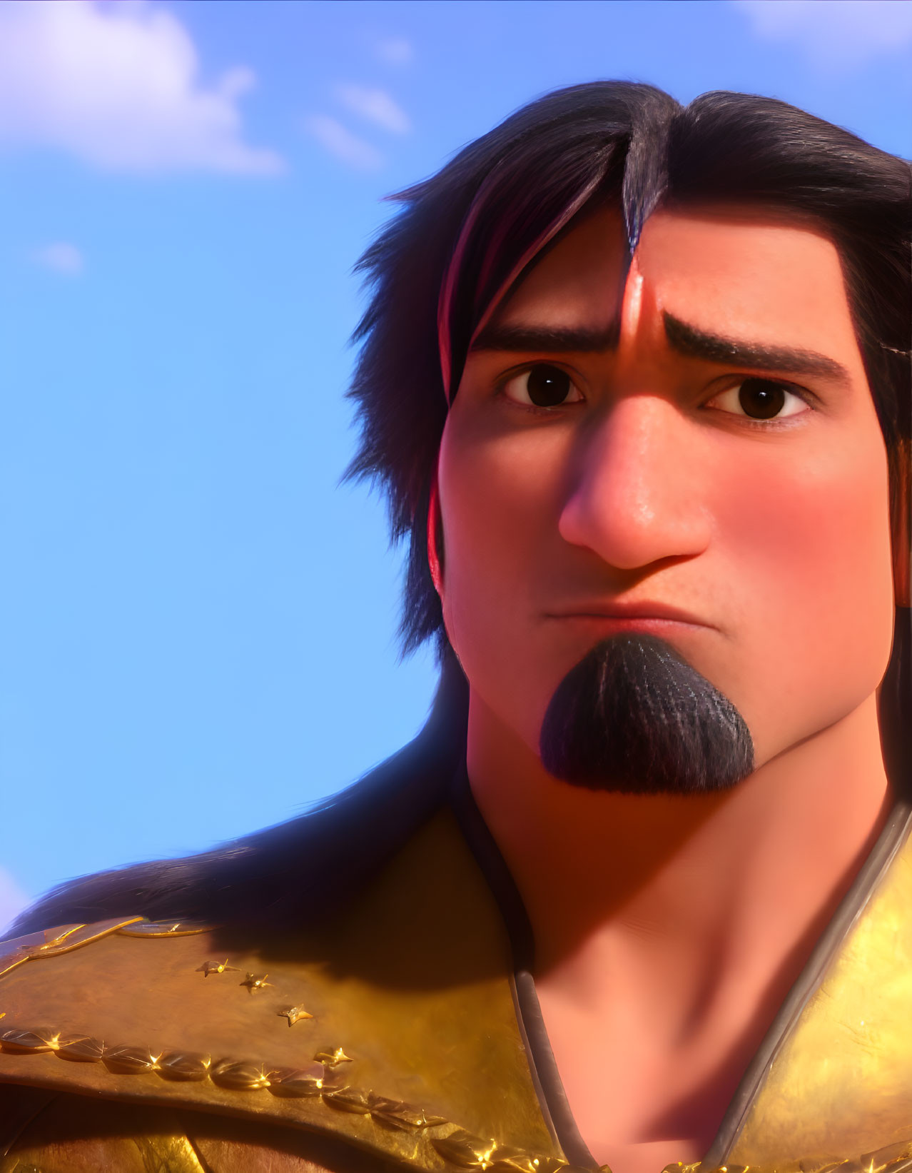 Animated character with olive skin and dark hair in a close-up against a blue sky