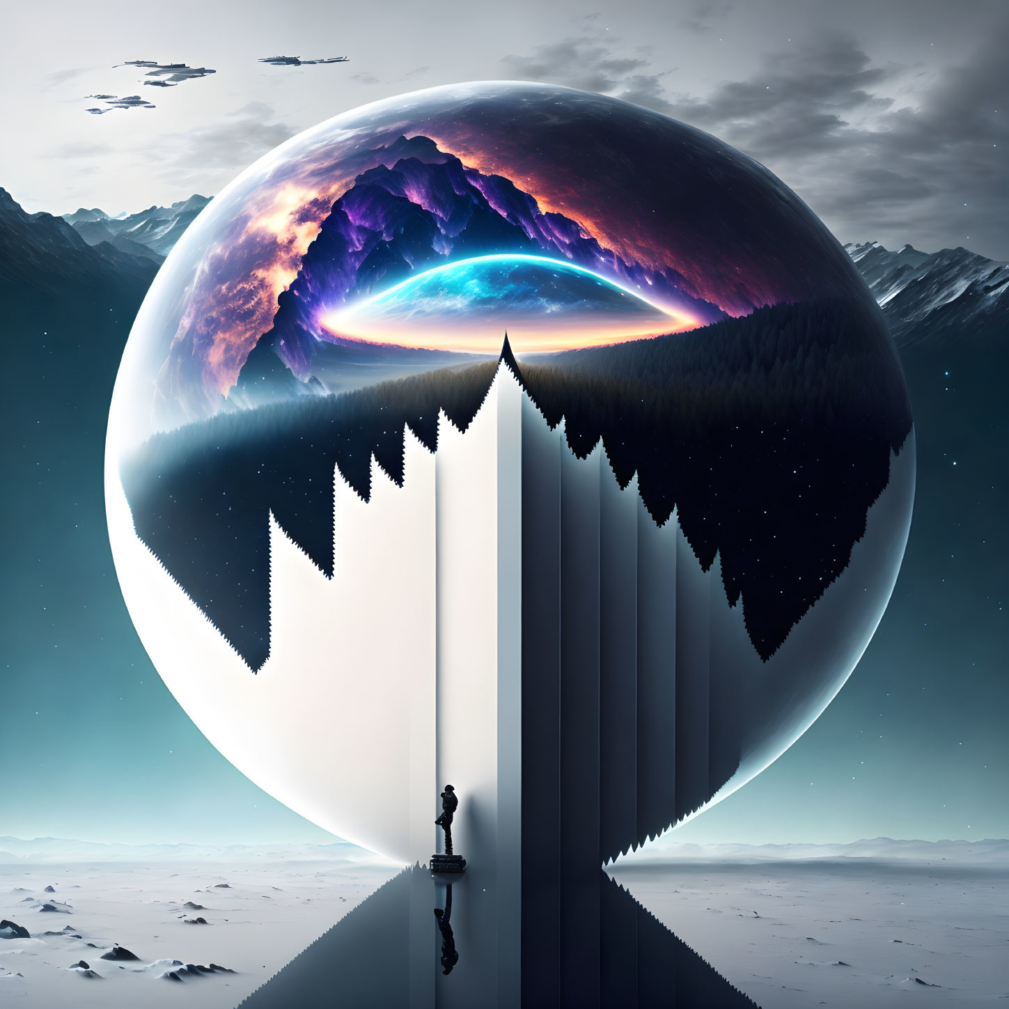 Surreal landscape with person, massive sphere, inverted mountain range, cosmic sky