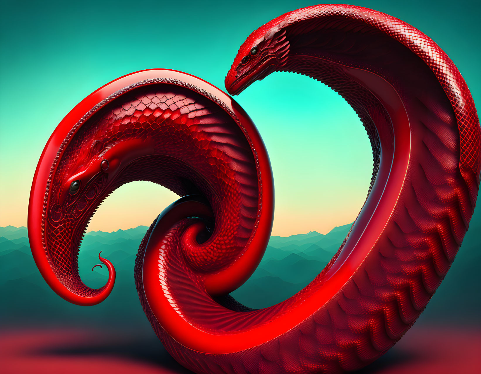 Red Serpentine Dragon Loop Artwork on Teal Gradient Background