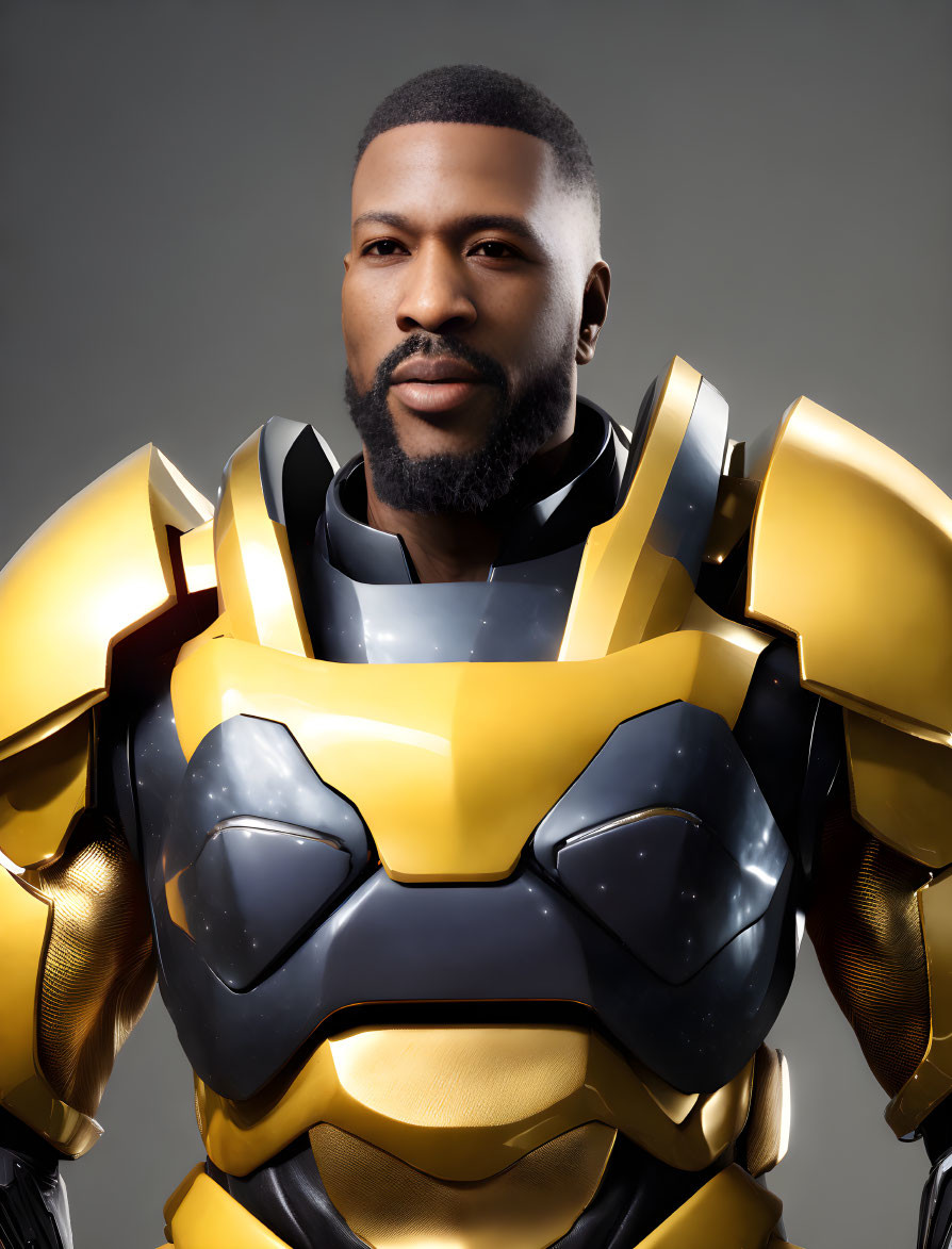 Confident man in futuristic yellow and black armored suit.