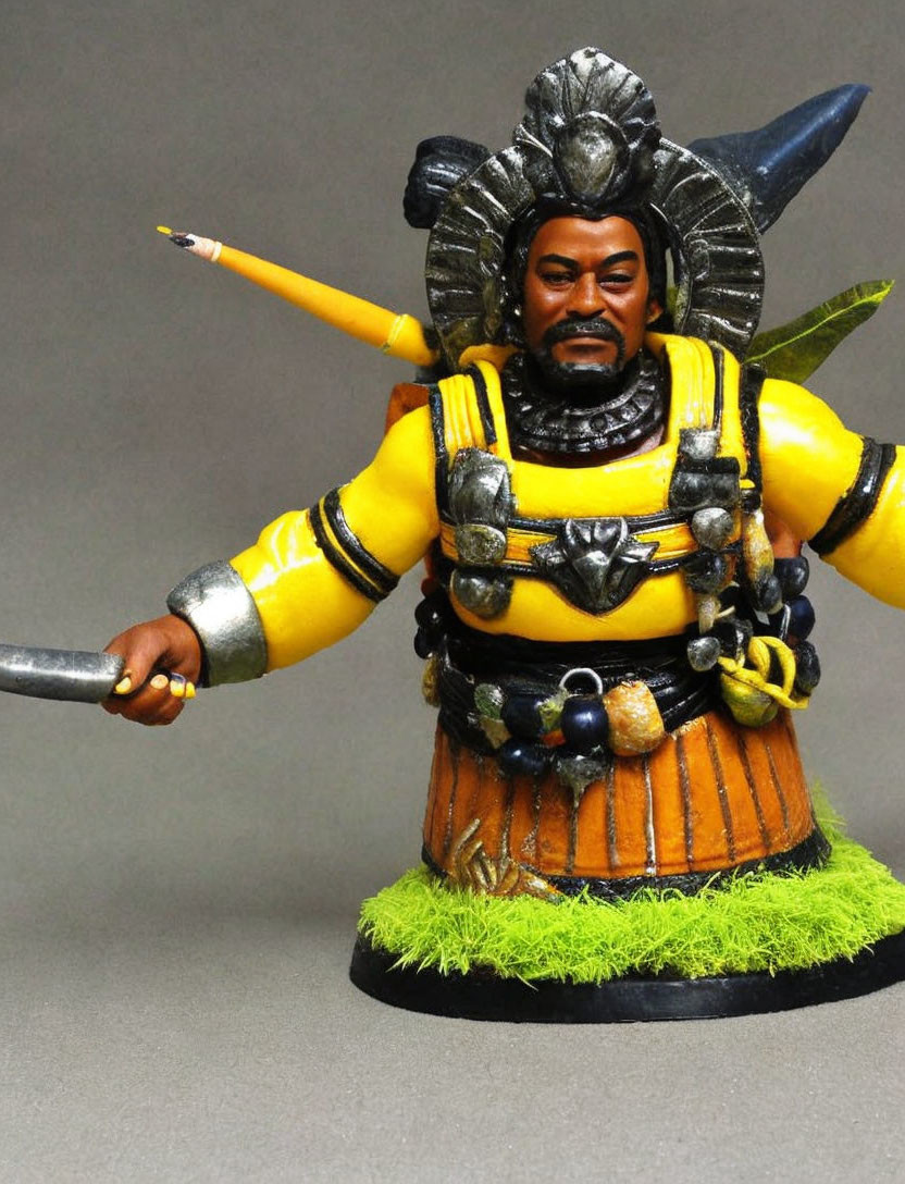 Japanese Warrior Figurine in Yellow and Black Armor with Sword on Grass Base