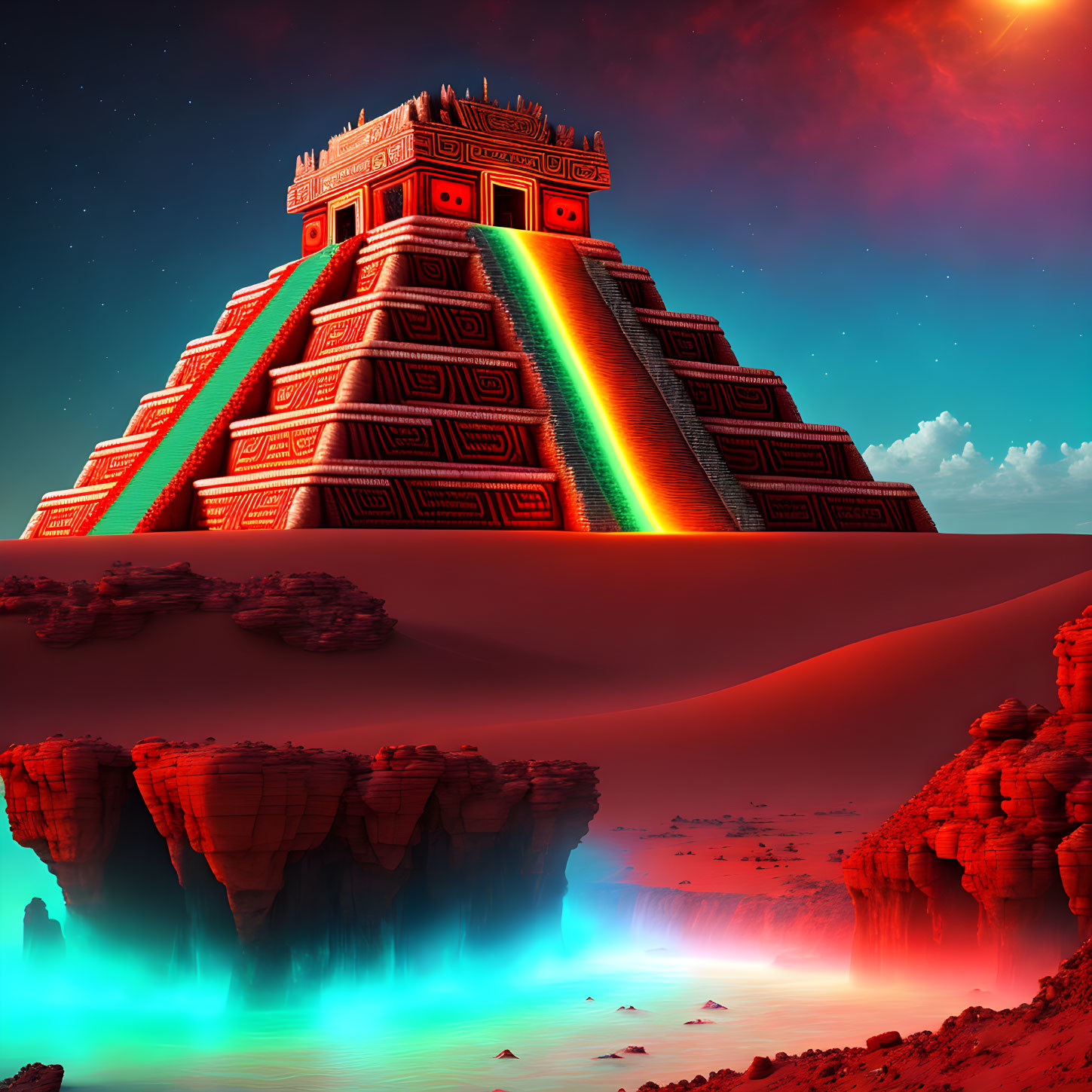 Colorful surreal image: Ancient pyramid with rainbow stairs in desert landscape