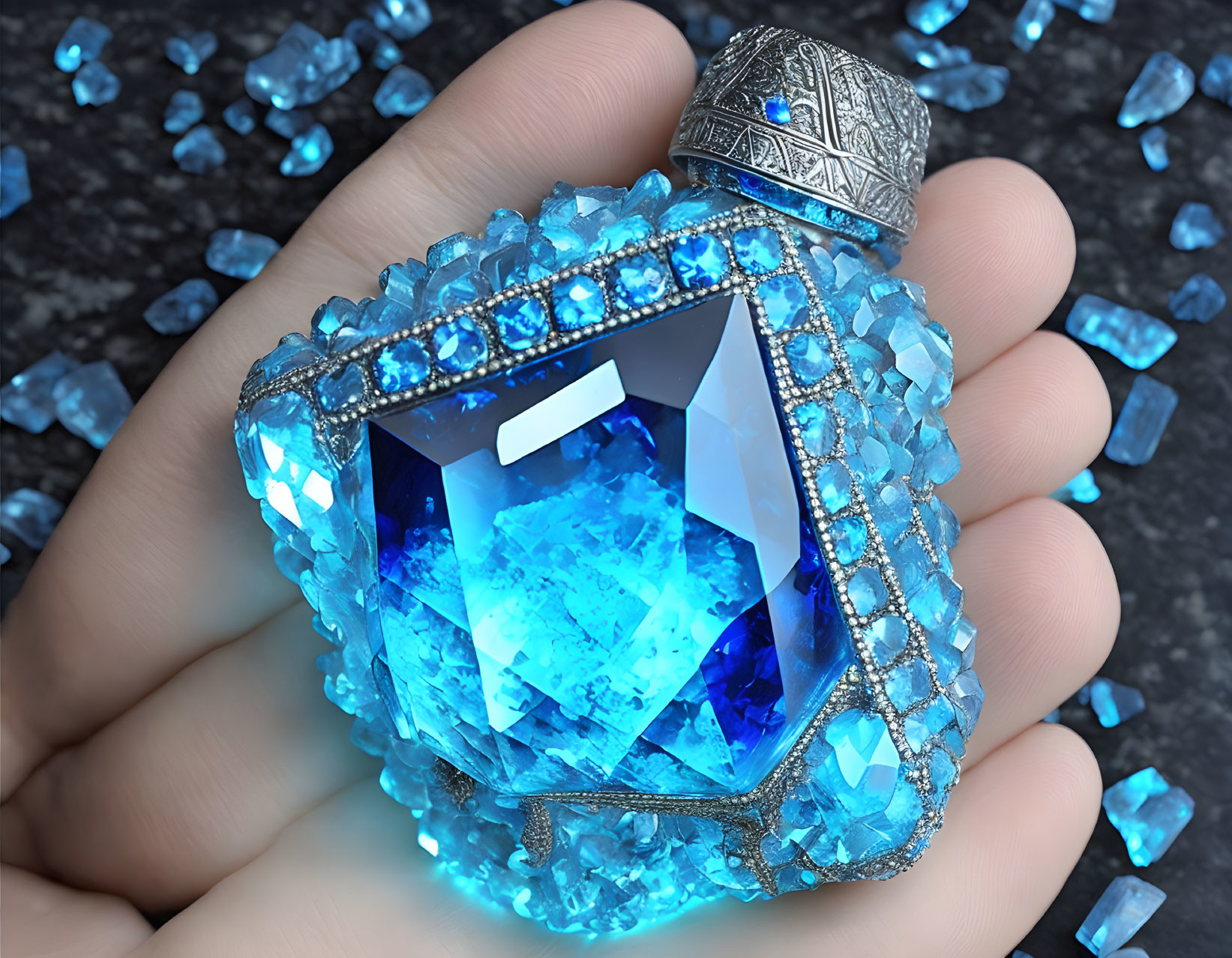 Intricately designed silver pendant with blue gemstone and crystals