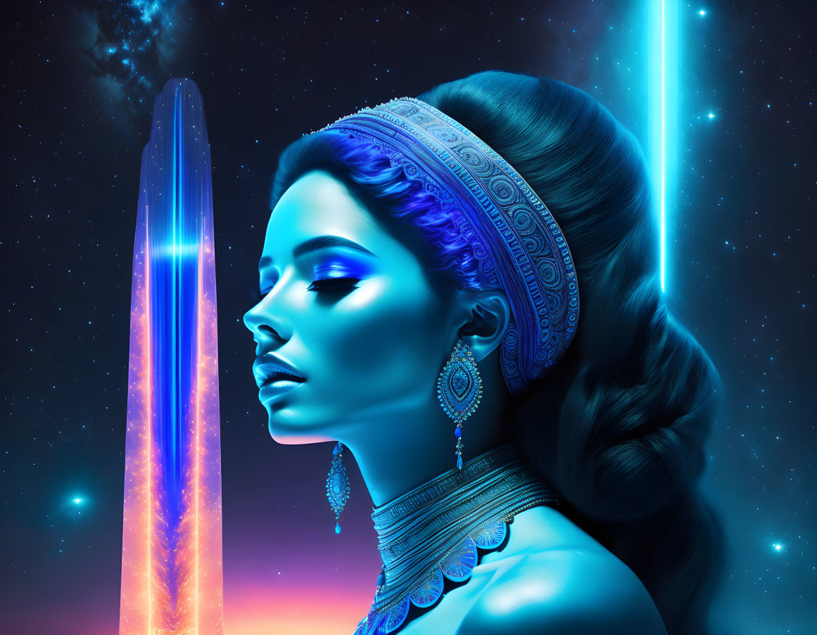 Blue-skinned woman with headband and crystal in space.