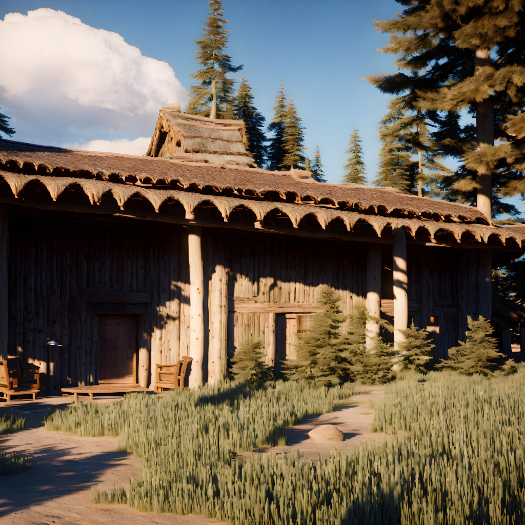 Rustic wooden cabin in pine forest under clear sky