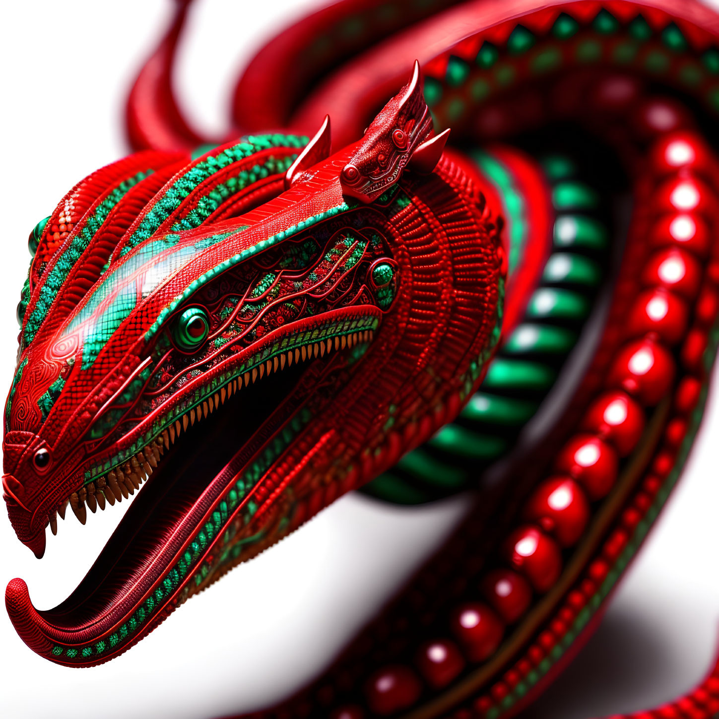 Metallic serpent with red and green patterns in futuristic design