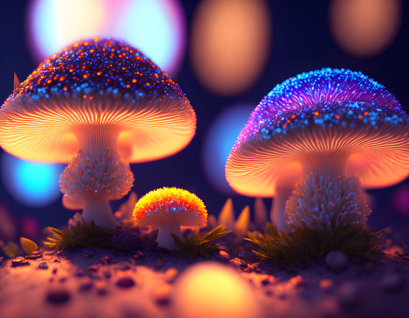 Vibrant blue and orange glowing mushrooms in fantastical night scene