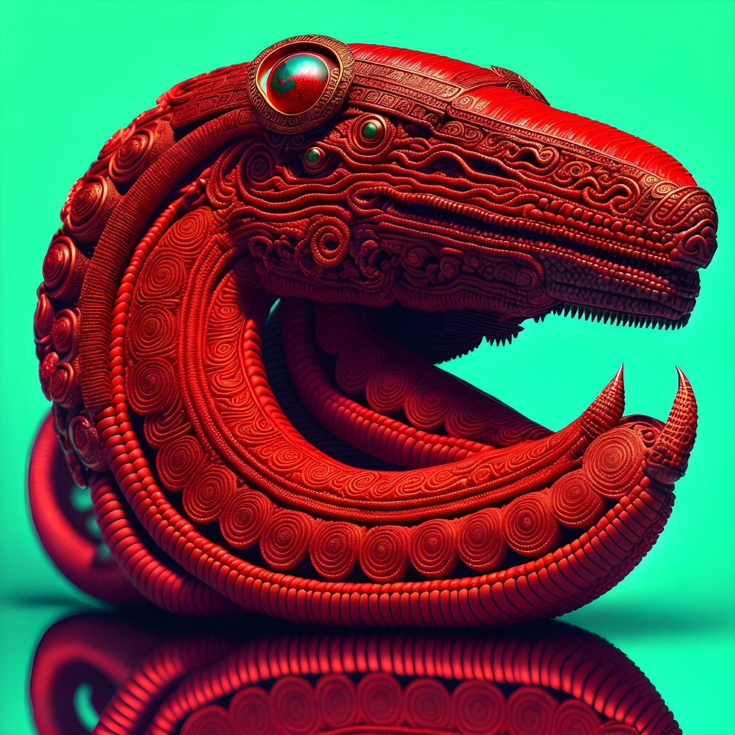 Red ornate snake sculpture with jewel on head against green background