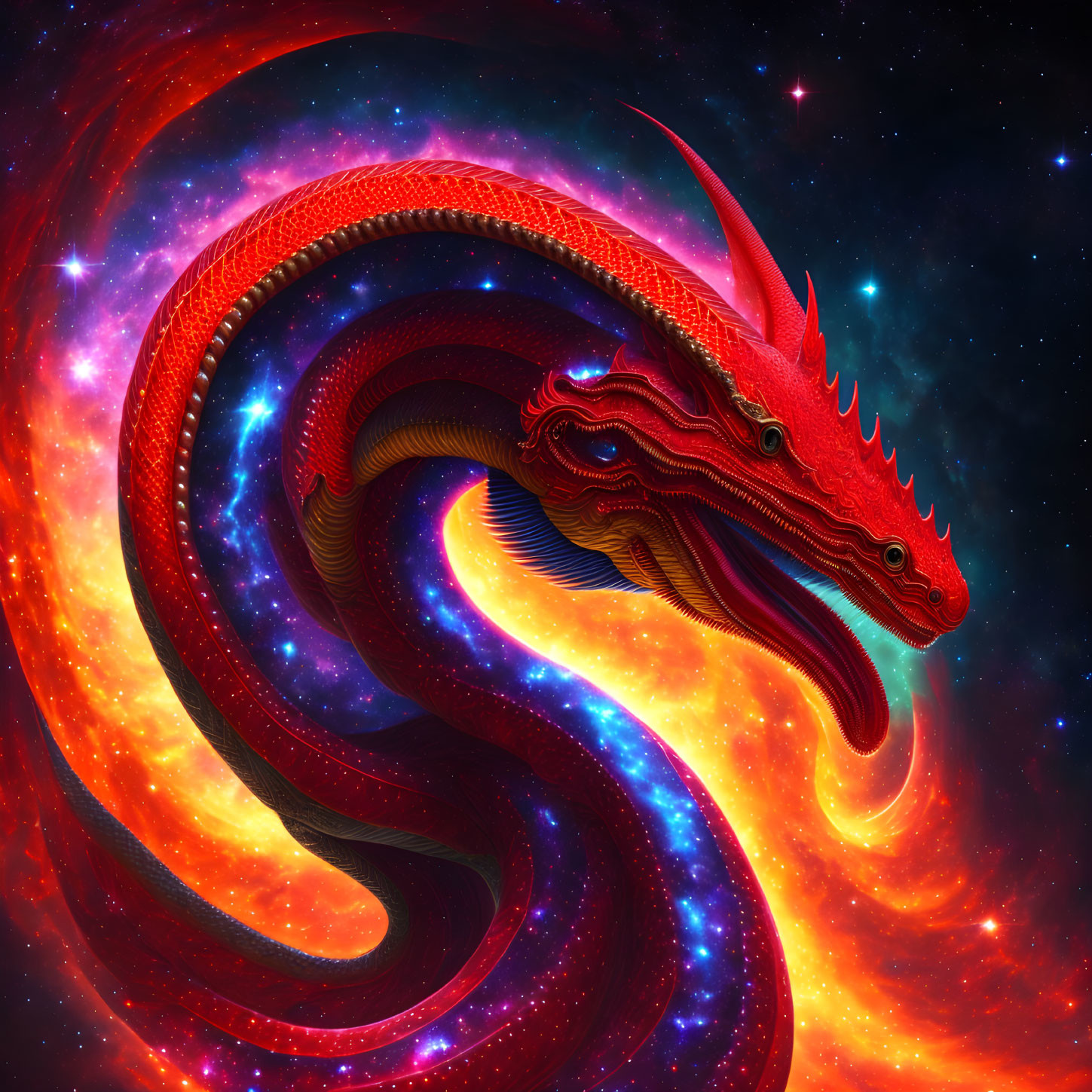 Majestic red dragon with glowing scales on vibrant cosmic background