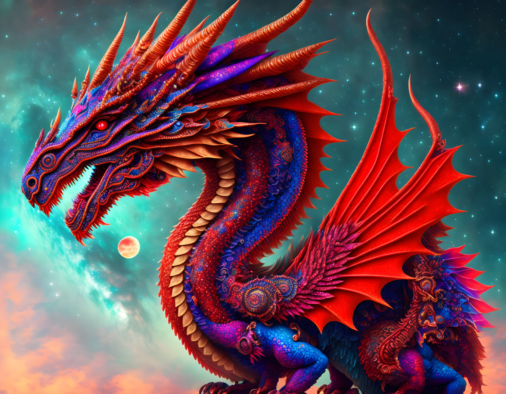 Colorful Dragon with Elaborate Horns and Scales in Cosmic Setting