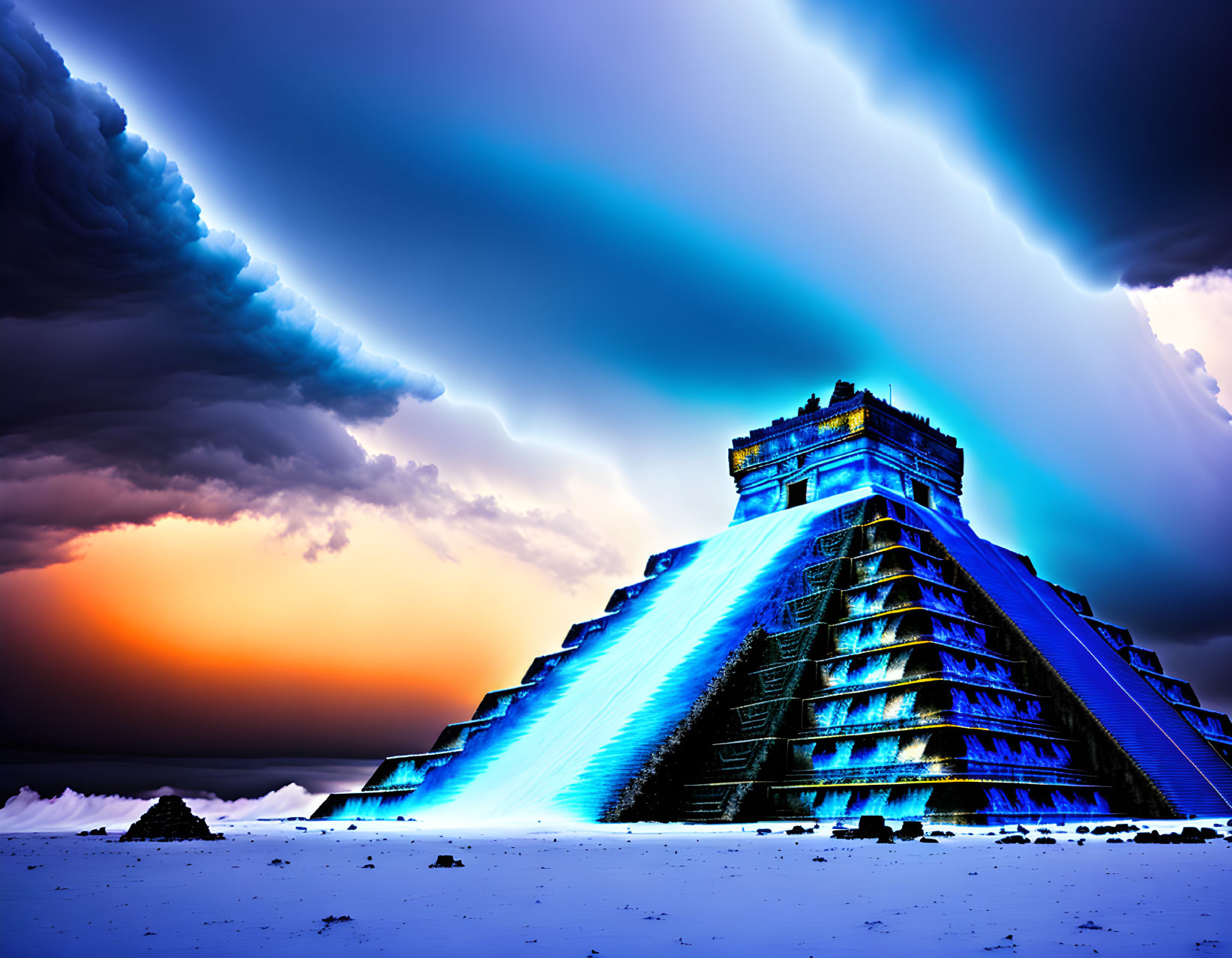 Mystical pyramid under dramatic sky with aurora lights