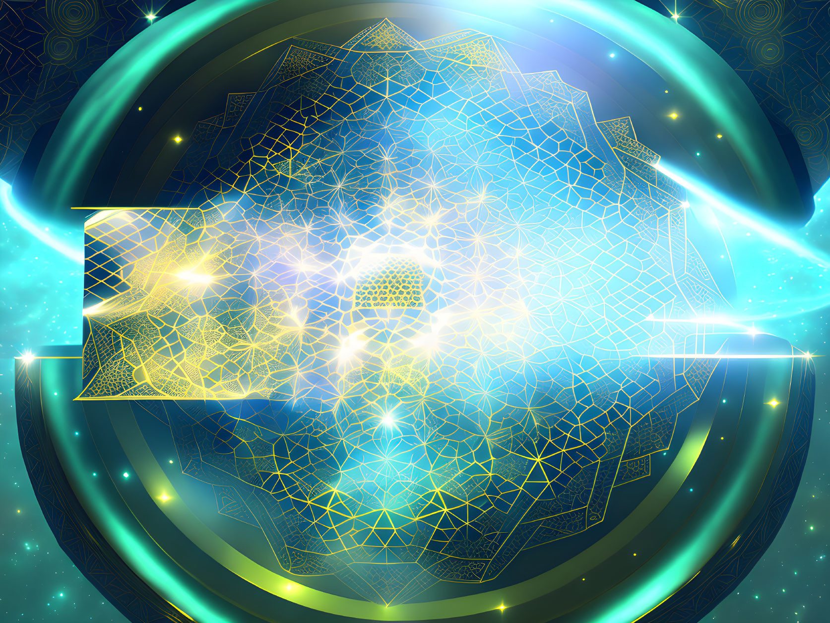 Luminous fractal cube with golden mesh on cosmic background