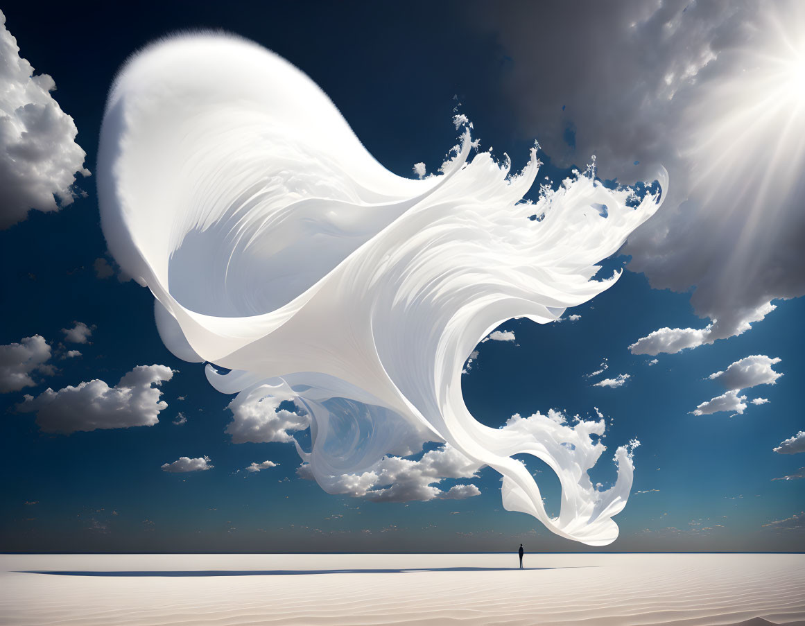 Desert landscape with person and ethereal white shape under blue sky