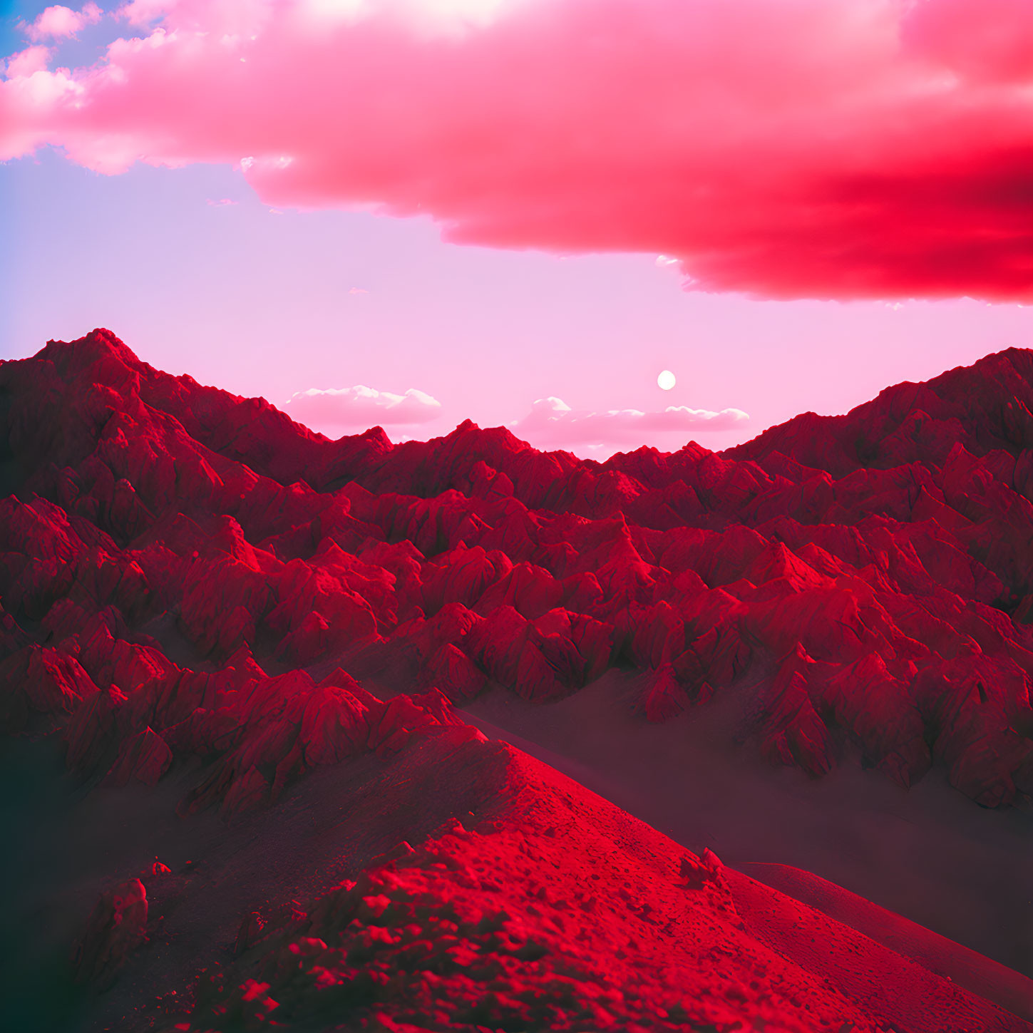 Vibrant pink and red surreal landscape with mountains and setting sun