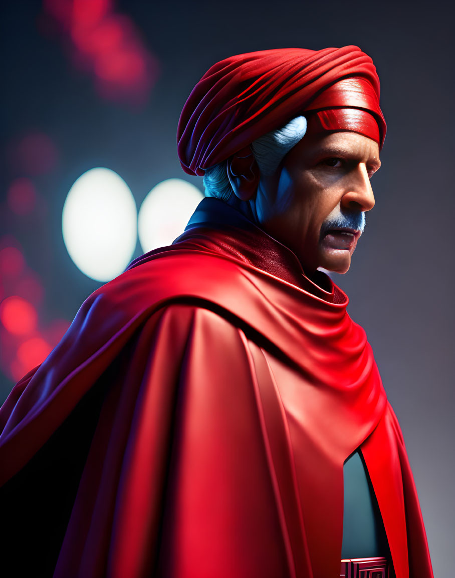 Digital art: stern man in red turban & cape, grey mustache, blurred lights background