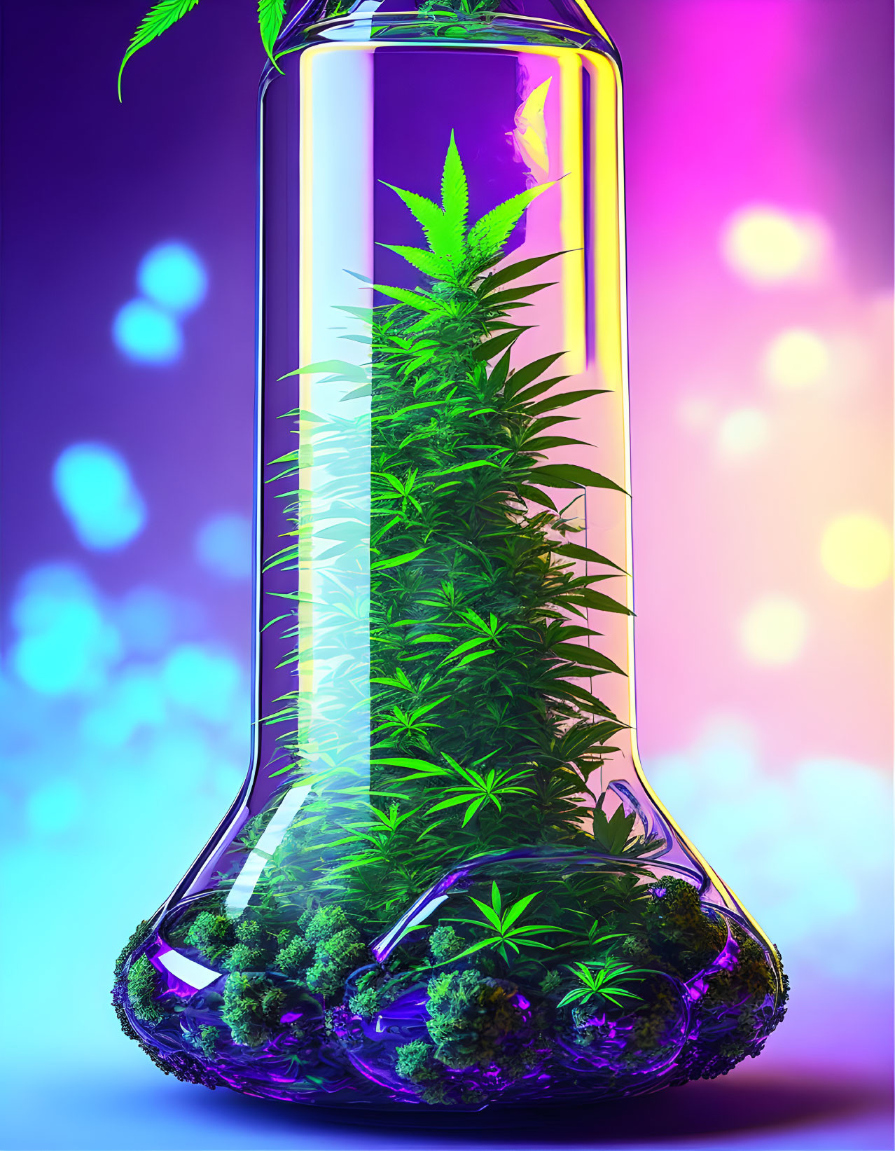 Colorful Glass Container with Green Cannabis Plants on Purple and Blue Background