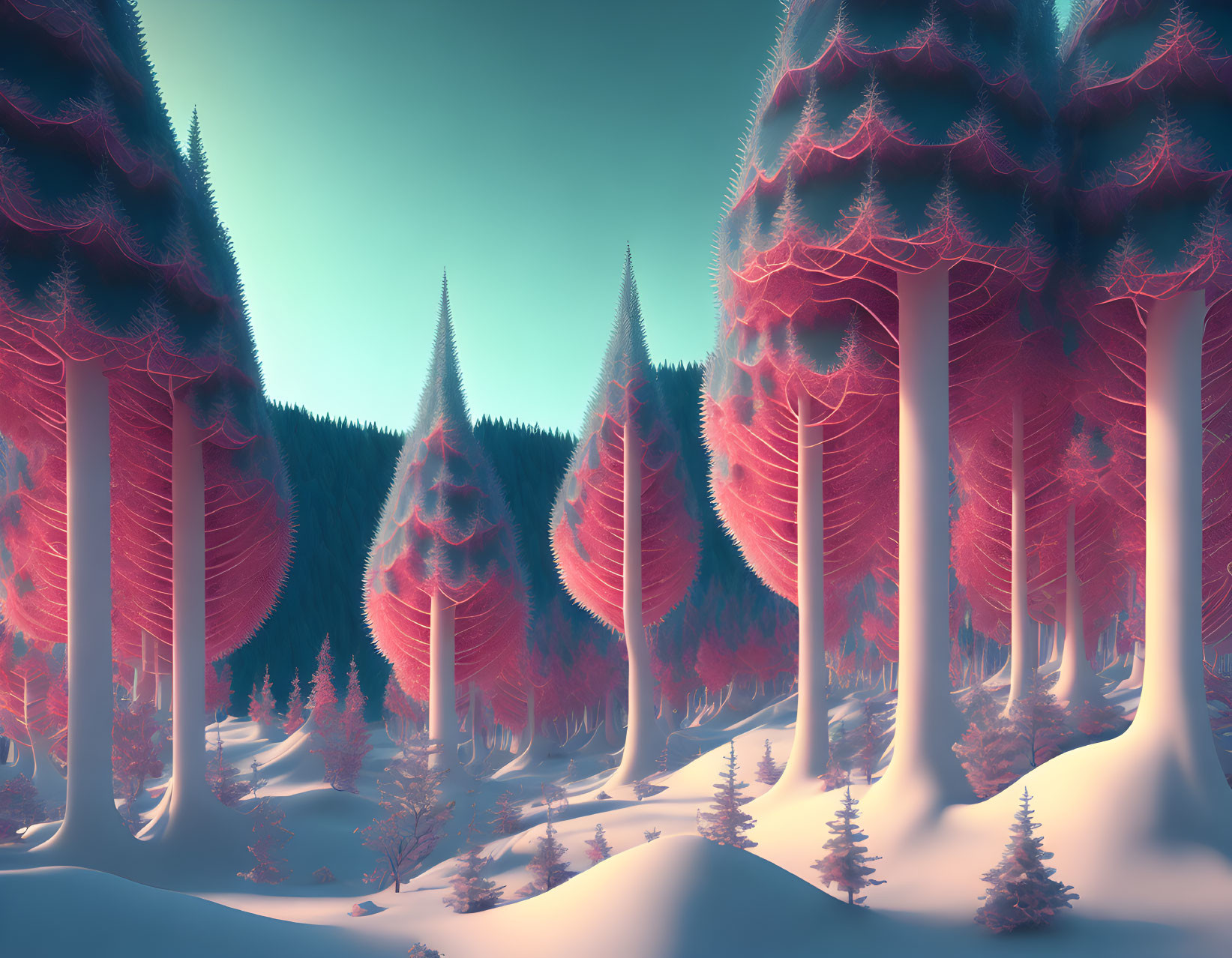 Surreal forest scene with oversized pink pine trees and snowy ground