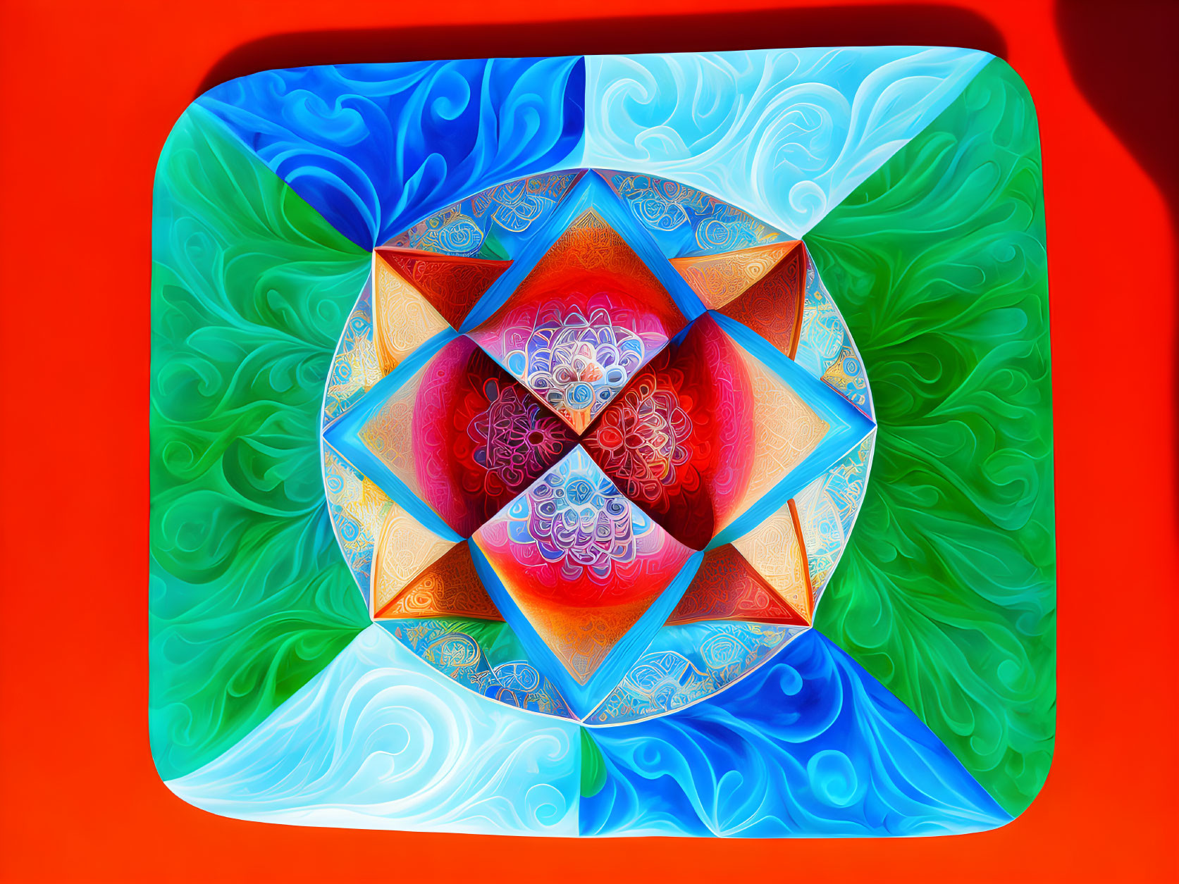 Symmetrical Abstract Art: Geometric & Swirling Designs in Blue, Red, Orange on Red