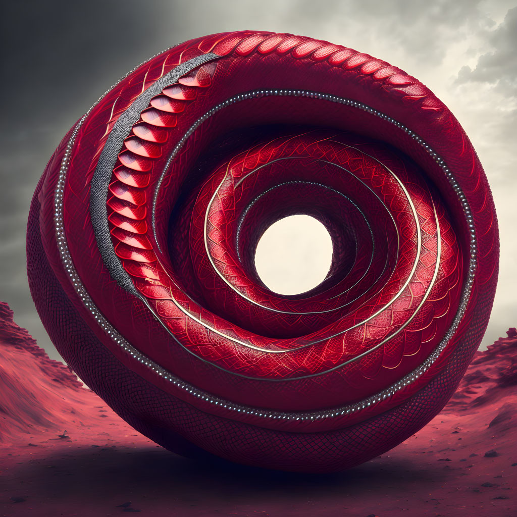 Red Intricately Patterned Coiled Object on Stormy Sky and Red Landscape