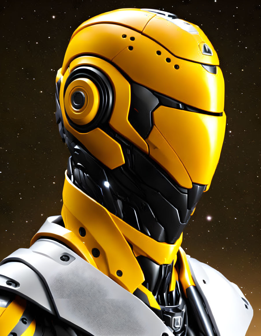 Highly detailed humanoid robot with yellow and black head in starry space.