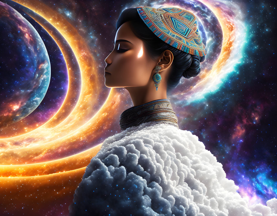 Digital artwork: Woman in profile with traditional attire against cosmic background