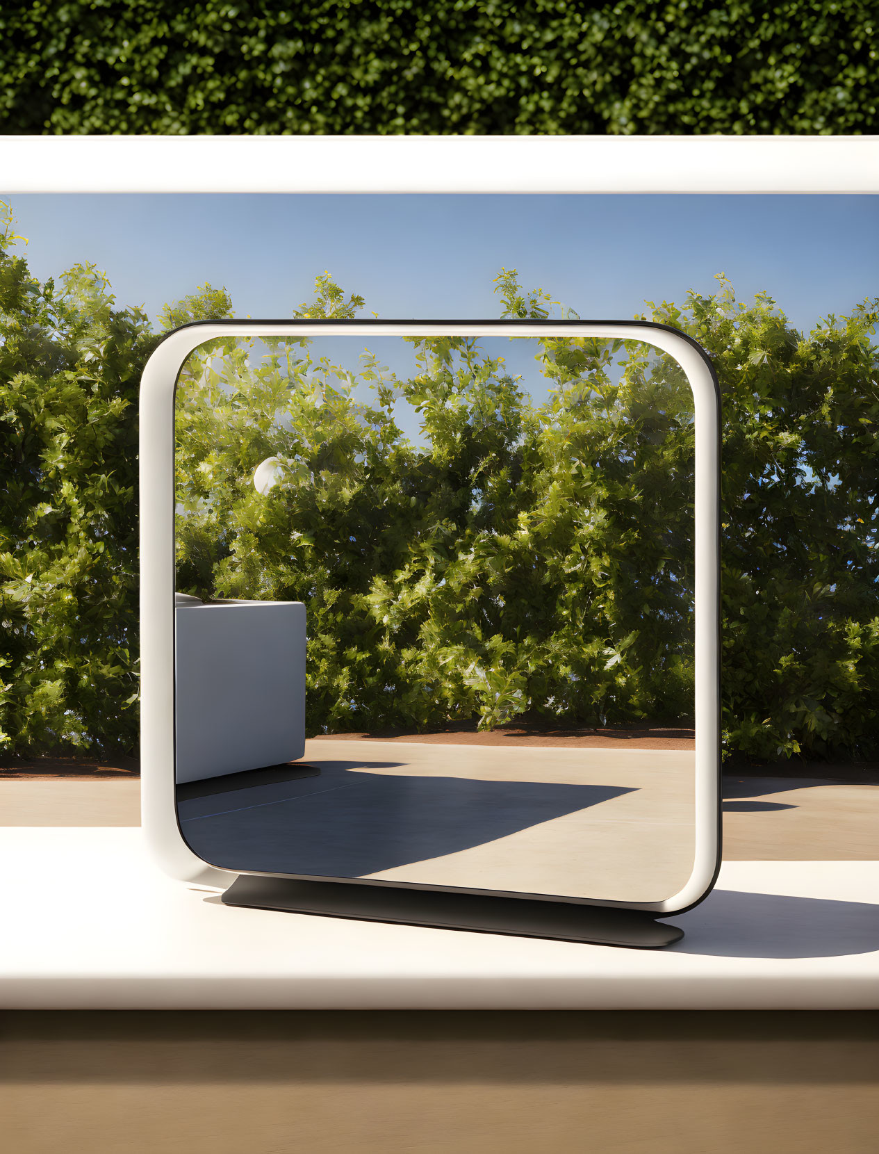 Minimalist mirror reflecting serene garden scene with green trees and blue sky.