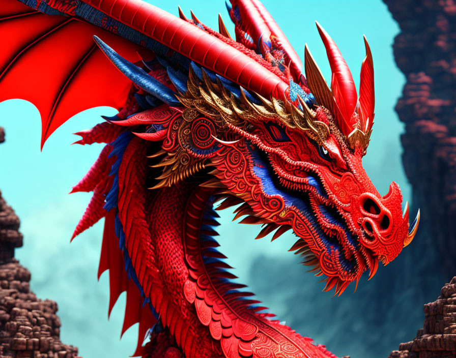 Vivid Red and Gold Dragon with Detailed Scales and Horns Against Misty Mountains