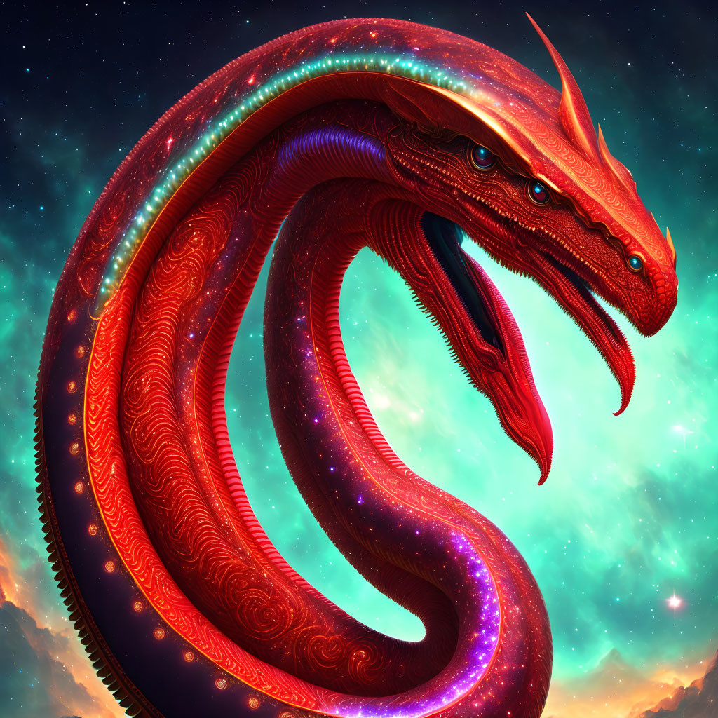 Vibrant red dragon with gleaming scales in cosmic setting