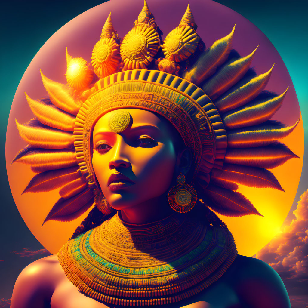 Digital artwork: Woman with ornate sun ray headdress and traditional jewelry on warm backdrop