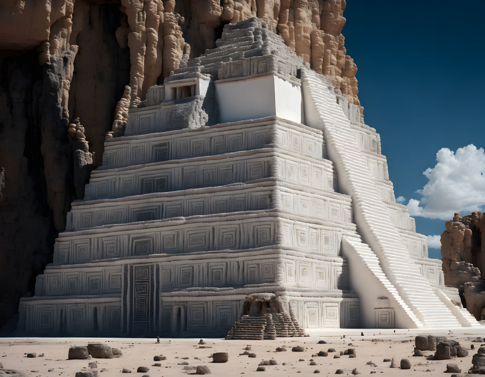 Intricately Carved White Step Pyramid Against Rocky Cliffs